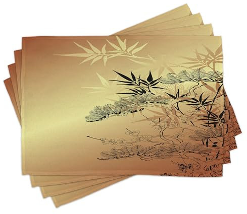 ABAKUHAUS japanisch Platzmatten 8 Stück, Niederlassungen Und Bambusmotive Mit Auffälliger Blatt Natur Illustration, Waschbare Stoff Esszimmer Küche Tischdekorations Digitaldruck, Bernstein Gelb