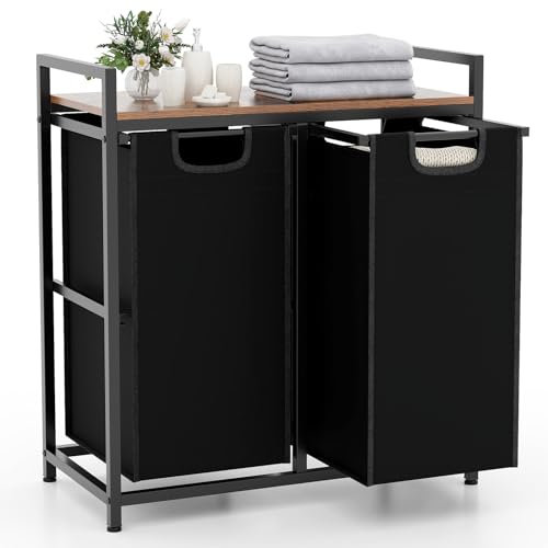 GOPLUS Panier à Linge avec Etagère et 3 Sacs Amovibles, Panier à Linge avec Compartiments Coulissants, Pieds Réglables, Trieur de Linge Spacieux, pour Buanderie, Salle de Bain, Chambre(2 Tiroirs)