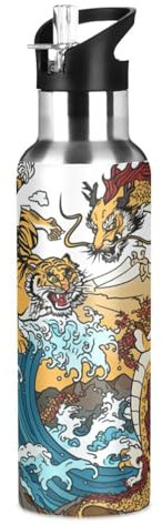Wzzzsun Japanese Dragon Tiger Water Bottle Insulated Sport Vacuum Cup Stainless Steel Jug for 600ML Coffee Tea