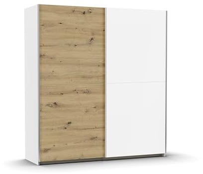Rauch Möbel Saturn, Schwebetürenschrank mit zusätzlichen Fachböden, Kleiderschrank, Kleiderschränke, Garderobe, Schrank mit Stauraum, 2-türig, Farbe Eiche Artisan/Weiß, Holz, 175x191x59cm
