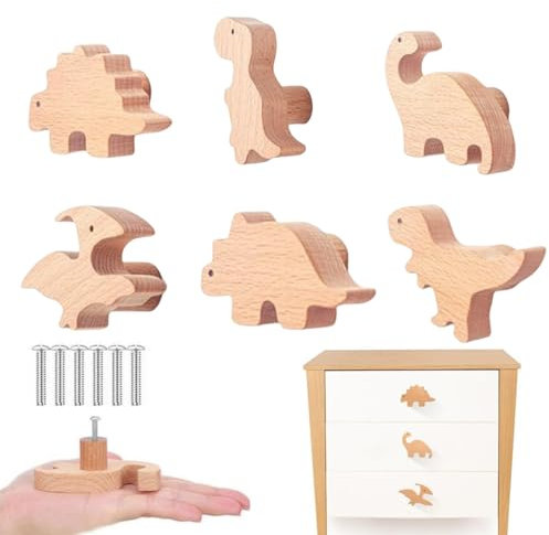 MHwan Möbelknöpfe Holz, 6 Stück süßer Dinosaurier schrankknöpfe aus Hochwertigem Massivholz mit Natürlicher Textur, die Eine Natürliche Atmosphäre Ausstrahlen Einer Natürlichen Dekoration Nahe Kommen