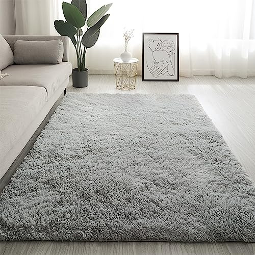 Swsen Teppich Wohnzimmer Super Weich - Shaggy Teppiche Flauschig Anti-Rutsch Unterseite - Moderner Carpet Waschbar Langflor Hochflor Teppiche 100x120cm, Silbergrau