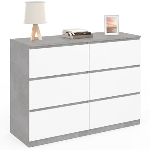 IDMarket - Commode 6 tiroirs TOMI 110 cm Blanc et Effet béton