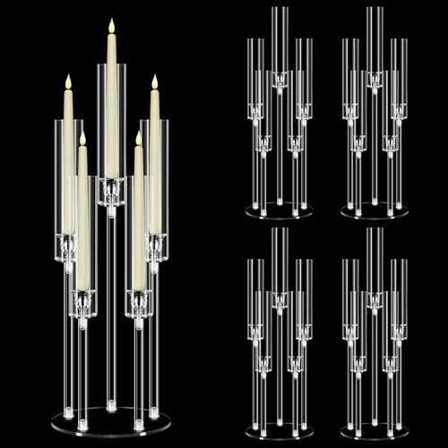 4 Set 5 Arm Acrylic Candelabra Centerpieces, Mjkeomo 27'' Tall Clear Candle Holder for Tables, Candlesticks Holder with Lampshade for Wedding Fireplace Dinner Party Decor Fit 0.87'' LED Candle
