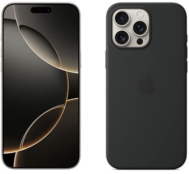 Apple iPhone 16 Pro Max 512 GB - Titan Natur + Silikon Case mit MagSafe – Schwarz