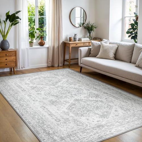 BEIMO Vintage Boho Schlafzimmer Wohnzimmer kurzflor Teppich, Waschbar RutschfestTeppich für Küche Flur Teppich Grau, 180x270cm