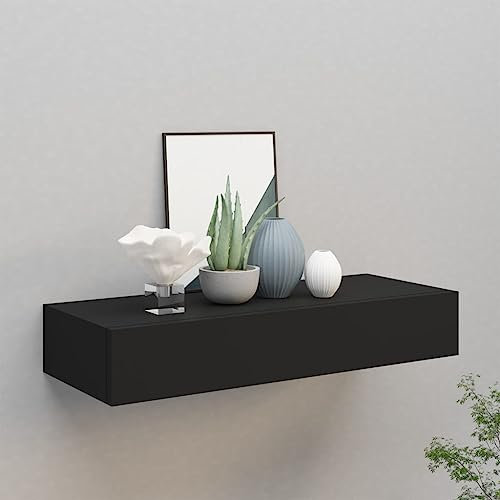 FENLAX Étagère murale à tiroirs en métal noir 60 x 23,5 x 10 cm MDF avec tiroirs