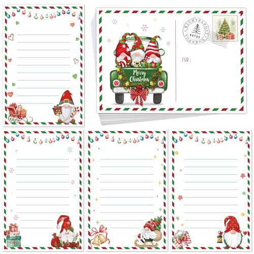 BOFUNX Weihnachten Briefpapier mit Umschlag Set, 24pcs Weihnachtsbriefpapier und 12pcs Weihnachtsumschläge Weihnachtswichtel Briefpapier Briefumschläge Weihnachtskarten