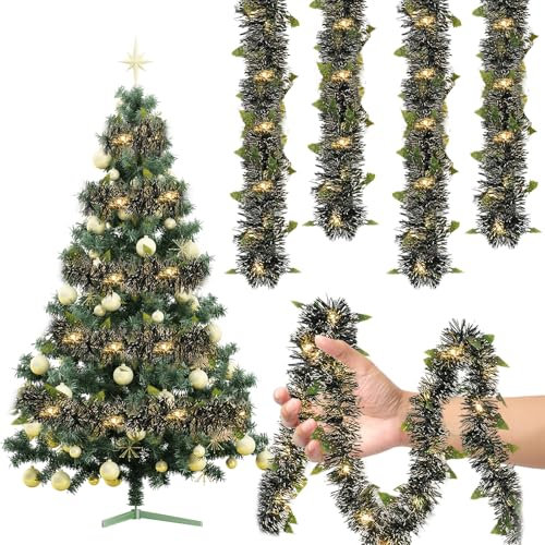 Girlande Weihnachten, 5M Weihnachtsgirlande mit Beleuchtung Tannengirland Weihnachtsbaum Girlande mit LED Licht Lametta Girlande Weihnachtsbaum Tannengirlande für Tür Kamine Treppe (D, 5m)