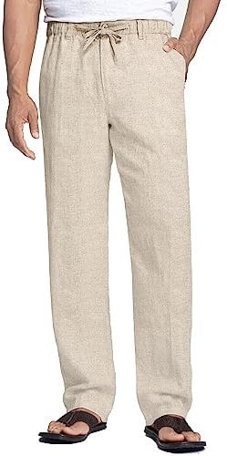 COOFANDY Pantaloni Lino Uomo Estivi Casual, Pantalone Lungo con Elastico e Coulisse, Comodi con Tasche, Gamba Larga per Vacanza Spiaggia L Cachi