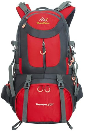 PORRASSO 50L Wanderrucksack Wasserdichter Rucksack Reiserucksack Trekkingrucksack Hiking Backpack für Damen Herren Camping Radfahren Klettern Reisen Sport Rot