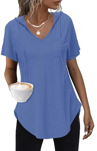 WNEEDU Hoodie Damen Sommer Kurzarm Kapuzenpullover T Shirt V Ausschnitt | Oberteile Damen Sommer Top mit Kordelzug Brusttasche Tshirt mit Kapuze Locker Lässige Casual