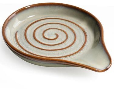 ANTIS'S HOME Ceramic Spoon Rest with Natural Spiral Pattern – Handcrafted Stoneware Utensil Holder – Heatproof, Dishwasher Safe – Elegant Sage Green & Brown for Rustic or Modern Kitchens