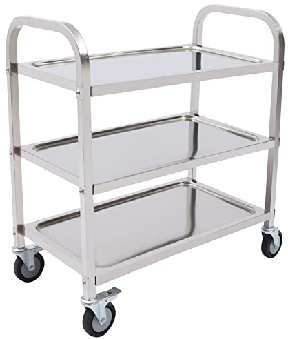 LKHDONG Carro de cocina de acero inoxidable de 3 niveles con asa, carrito de servicio con ruedas con freno, estante de cocina máx. 60 kg, carrito multifuncional para comedor, salón, hotel