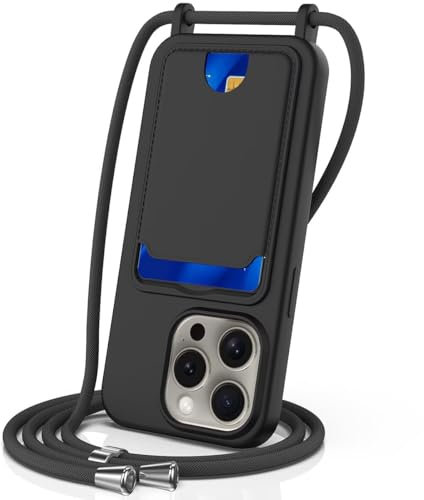 FMPCUON Handykette Flüssigsilikon Hülle für iPhone 13 Pro mit Band,Handyhülle mit Kartenfach,Necklace Schutzhülle mit Abnehmbar Kordel zum Umhängen Stossfest Bumper,Schwarz
