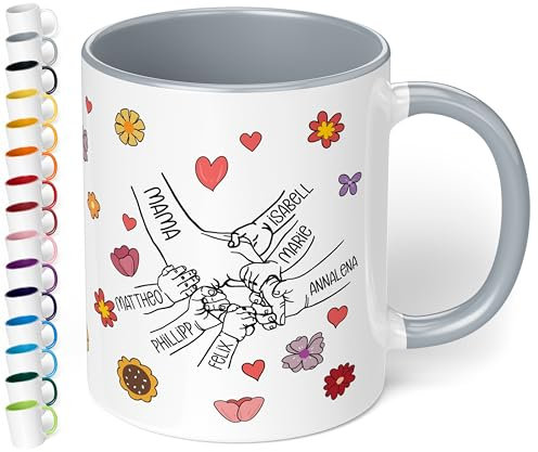 Personalisierte Tasse für Mama & Oma - Geschenk mit 1 bis 6 Kindern „Hände mit Namen“ – Muttertag, Geburtstag, Weihnachten - rundum bedruckt - Keramiktasse, ca. 330ml, Grau, 6 Kinder