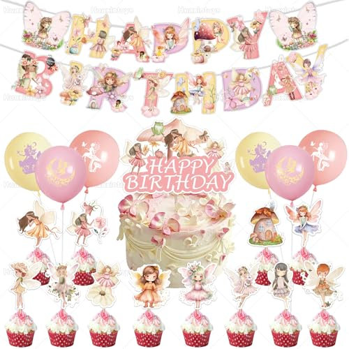 Huaxintoys 32 Stück Fairy Themed Party Dekoration, Fee Cake Topper, Torten deko Feen, Happy Birthday Banner, Cupcake Dekorationen und Latex Ballons für Mädchen Geburtstagsparty