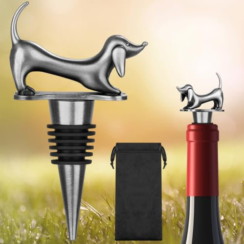 LKKCHER Dachshund Wine & Champagne Bottle Stopper, Sausage Dog Gifts for Women Men Dog Lovers, Birthday Fathers Day Christmas Gifts for Women Men, Silver with Gift Bag