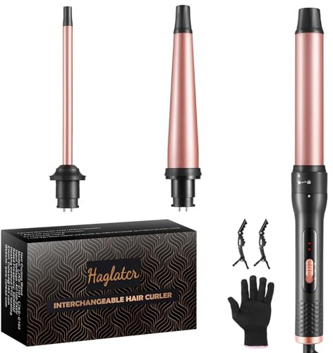 Haglater Lockenstab 3 in 1 Multifunktions Austauschbare Keramikbeschichtung Curling Iron, Lockenstäbe mit Verschiedenen Aufsätzen Große und Kleine Locken, Welleneisen für Beach Waves