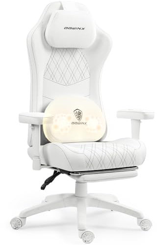 Dowinx Gaming Stuhl, Ergonomischer Bürostuhl mit Massage und Heizung, Taschenfederkissen wie im Sofa, Drehbarer PC-Stuhl mit Lendenstütze und Fußstütze, Weiß