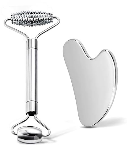 AAJP 3 in 1 Gua Sha and Face Roller with Metal Eye Roller, Stainless Steel Tool for Puffiness and Jawline Sculpting, Hot & Cold Eyelid Roller for Dry Eyes, Chalazion, Stye and MGD Soothe