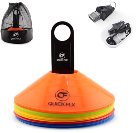 QUICKFLX Markierungshütchen Set – 25 Trainingshütchen in 5 Farben mit Tragetasche & Pfeife – Ideal für Fußballtraining, Agility & Koordinationsübungen für Kinder & Erwachsene