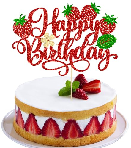Gyufise 1 pieza de decoración para tarta de cumpleaños de fresa con purpurina para temática de frutas, baby shower, fiesta de cumpleaños, fiesta de frutas, suministros de decoración de pasteles, color
