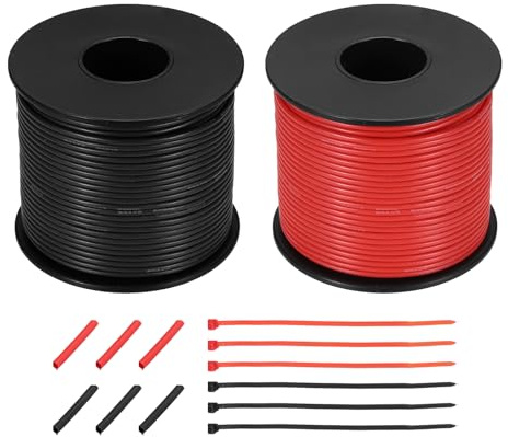 sourcing map 2pcs 20 AWG Silicone Electrical Wire Spool, 20 Gauge 45.7m/150ft Tinned Copper Electrical Wires with Heat Shrink Tubing & Cable Ties for Automotive, RV Inverter - Red & Black