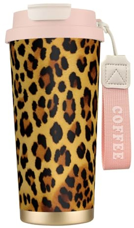 XKBFKLKMC Leakproof Insulated Coffee Mug, Leopard Pattern Print Print 16 Oz (500 Ml) Insulated Tumbler Cup with Lid and Straw, Stainless Steel Travel Coffee Cup for Water, Iced Tea Or Coffee