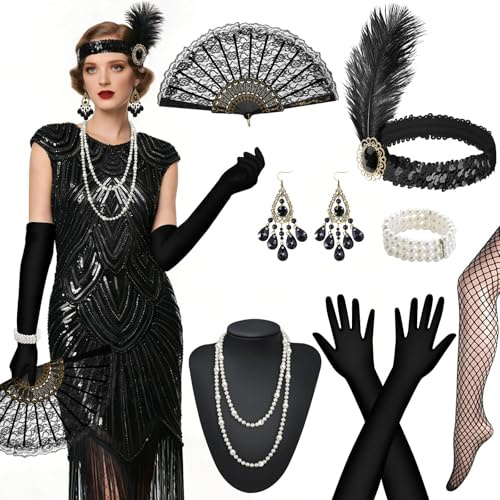WEARXI Karneval Kostüm Damen, 20er Jahre Kostüm Damen Karnevalskostüme, Gatsby Charleston Kleid 20er Jahre Accessoires, Pailletten Perlen Fransen Kleid für Fasching Partys, Schwarz