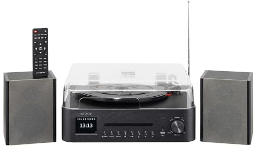 Reflexion HIF2082DAB Retro Plattenspieler mit Lautsprecher & Bluetooth | Musikanlage mit DAB+, CD, UKW, USB-MP3 Aufnahme, Farbdisplay, Wecker & Sleep-Timer – Komplettset mit Fernbedienung