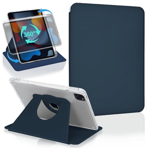 Koze Étui Rotatif pour iPad Pro 11 Pouces 2022/2021/2020/2018 (4e/3e/2e/1e Génération) avec Porte-Stylet, Coque de Protection Transparente Acrylique Antichoc Rotative à 360 Degrés, Bleu Marine
