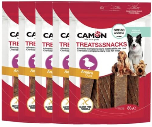 OFFERTA KIT Snack per Cani all'Anatra Barbeque Grill - Set da 5 Confezioni da 80g (400g Totali) - Premietti Masticabili Senza Glutine, Senza Additivi - Ricchi di Proteine con Chiusura Salva Freschezza