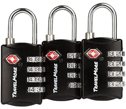 Candado TSA de combinación de 4 dígitos para maletas y mochilas de viaje | Negro (3 uds.)
