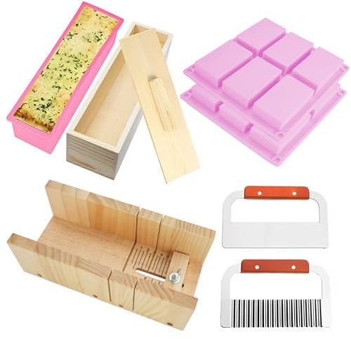 RETON Paquete de 8 Juego de herramientas para cortar jabón, 1 x molde de corte de madera, 1 x molde de pan de silicona rectangular con caja y tapa de madera, 2 x cortador, 2 x jabón para cavidades