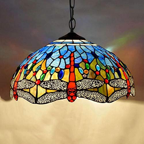 Tiffany-Art-Weinlese Buntglas Dunkelblau Libelle-hängende Lampen, E27 Moderne Eisenkette Licht Leuchte Pendelleuchte 16 Inches Wohnzimmer Restaurants Bar Aisle Flur Balkon Deckenleuchte, 40 cm