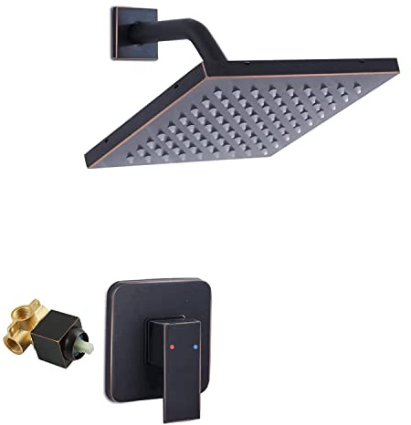 GGStudy Kit de garniture de douche en bronze huilé avec robinet de douche à effet pluie et pommeau de douche carré en acier inoxydable 20,3 cm