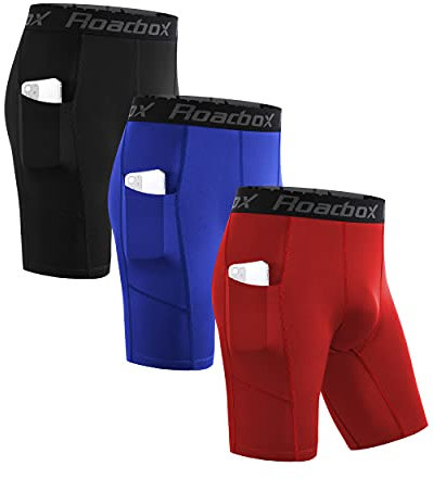 Roadbox 3er Pack Herren Kompressionsshorts, Schnelltrocknendes Baselayer Unterhose Tights Kurz Laufunterwäsche (as3, Alpha, x_l, Regular, Regular, Tasche:Schwarz, Rot, Blau)