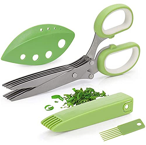 Herb Scissors with 5 Blades, Multifunctional Kitchen Gadgets Cutter Chopper and Mincer, Kitchen Scissors with Cover Brush Leaf Peeler, Green