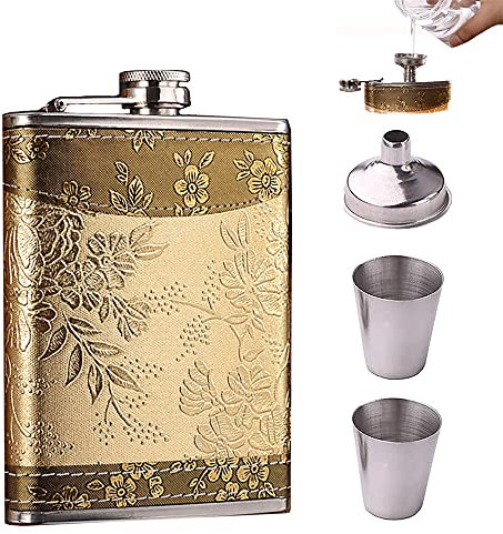 Flachmann, Tragbarer Flachmann aus Metall, 8oz Edelstahl Schnapsflasche, Outdoor Flachmann Trinkbecher Set, Edelstahl Flachmann und Trichter, Trichter und Geschenkbox (Gold)