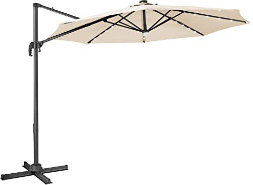 COSTWAY 3m Garden Parasol with Lights, 3 Positions Adjustable Cantilever Sun Umbrella with Solar-Powered LED, Cross Base and Winding Crank, 360° Rotation Sunshade Shelter for Patio Balcony (Beige)