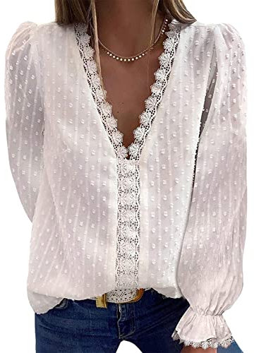 ABYOVRT Blusa Donna Camicia Camicetta Estate Magliette Chiffon Scollo a V Pizzo a Manica Lunga Camicie Camicie T Shirt Tops