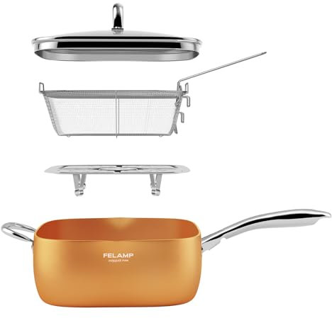FELAMP 9.5-Inch Ceramic Nonstick Deep Square Frying Pan Set with Glass Lid, Stainless Steel Fry Basket & Steamer Rack, Induction Compatible, Oven &Dishwasher Safe, 4-Piece Copper Pan Chef Cookware Set