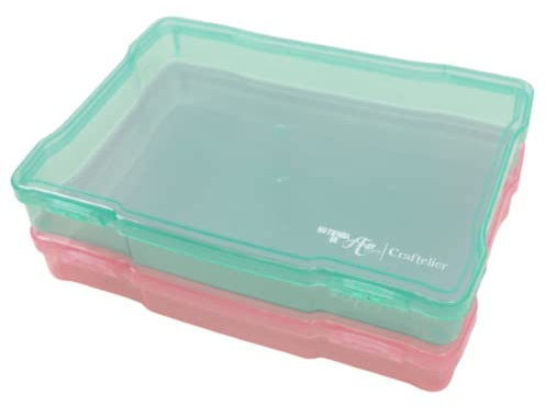 Craftelier - Set mit 2 Organisationsboxen für Scrapbooking und Bastelarbeiten | Rosa und Türkis transparent - Größe ca. 19,8 x 14,6 x 3,1 cm