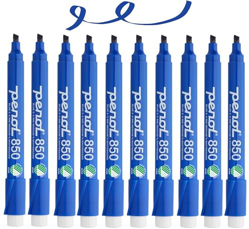 PENOL Whiteboard-Marker, 10 Whiteboard Stifte in der Farbe Blau– 850, 2–5 mm Keilspitze, trocken abwischbarer Marker mit Nordic Swan Ecolabel, geruchlose Folienstifte für Büro und Schule