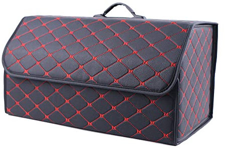 Autoleder Kofferraum-Organizer Taschen Kofferraumtasche für Citroen ami AMI Xsara Picasso Berlingo C1 C2 C3 Aircross C4 Zusammenklappbarer Kofferraumtasche Autozubehör, Black red XL