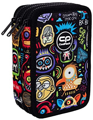 Goldkids Federtasche 3-fache Federmappe Scary Stickers Federmäppchen 46-teilig gefüllte Schüleretui Stifte und Pinsel inkl. Aufgabenheft Federbox Etui Stiftetasche Schlamper-Etui Schul-Etui