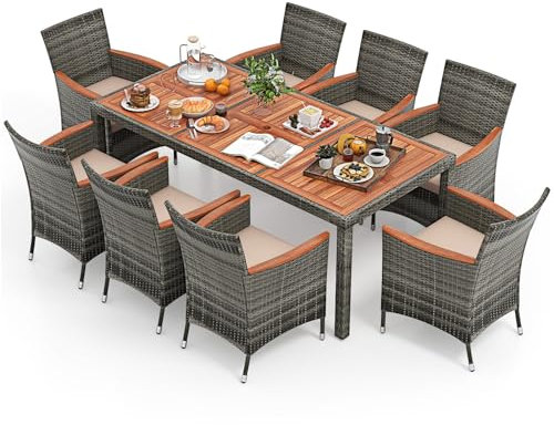 COSTWAY Set 9 Pezzi da Pranzo per giardino, Set di Mobili Esterno in Rattan PE, con 1 Tavolo Rettangolare e 8 Sedie con Cuscini, Ideale per Giardino Piscina e Cortile