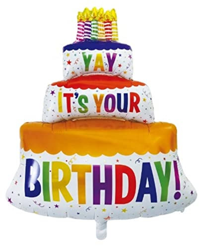 Folienballon 'Happy Birthday' mit Torte Motiv und 'YAY IT'S YOUR BIRTHDAY' Schriftzug, Perfekt für Geburtstagsfeiern und Jubiläen, Große Größe 102 x 62 cm, Wiederverwendbar und Einfach zu Aufblasen