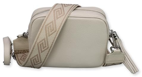 BRISE Umhängetasche Damen Echtleder KIRA Silber Handgemachte Crossbody Bag Schultertasche mit Ledergurt + Optionalen Breiten Gemusterten Riemen Verstellbarer Gurt Made in Italy (Beige - 3)